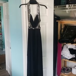 Backless Black Formal Dress - Silver Sequin Straps